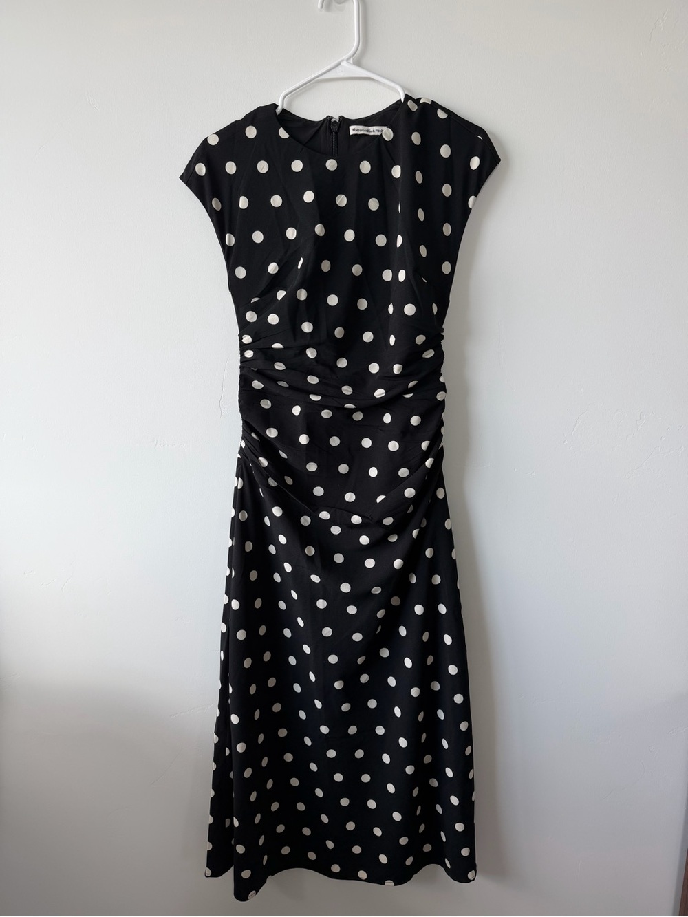 Abercrombie & Fitch Black White Polka Dot Ruched Midi Dress XS